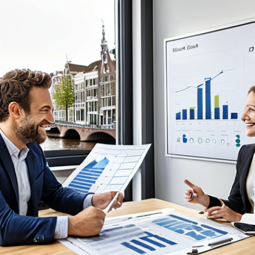 **

A friendly financial advisor sitting across a table from a client, both smiling. The advisor is pointing to a transparent chart displaying investment growth, emphasizing open communication and a trustworthy relationship. The setting is a bright, modern office in Amsterdam, with a view of canals. Focus on conveying transparency and a long-term vision for financial success.

**