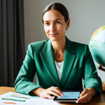 A thoughtful adult woman, dressed in a modest professional blazer and blouse, sitting comfortably at a sleek wooden desk in a modern, sunlit home office. She holds a tablet showing abstract financial charts with subtle green elements, symbolizing growth and sustainability. Her expression is calm and confident, reflecting financial peace and alignment with personal values. The background includes a large, healthy potted plant and a small, tasteful globe. The scene conveys a sense of purpose and control over one's financial future. Professional photography, perfect anatomy, correct proportions, natural pose, well-formed hands, proper finger count, natural body proportions, fully clothed, appropriate attire, modest clothing, safe for work, appropriate content, professional.