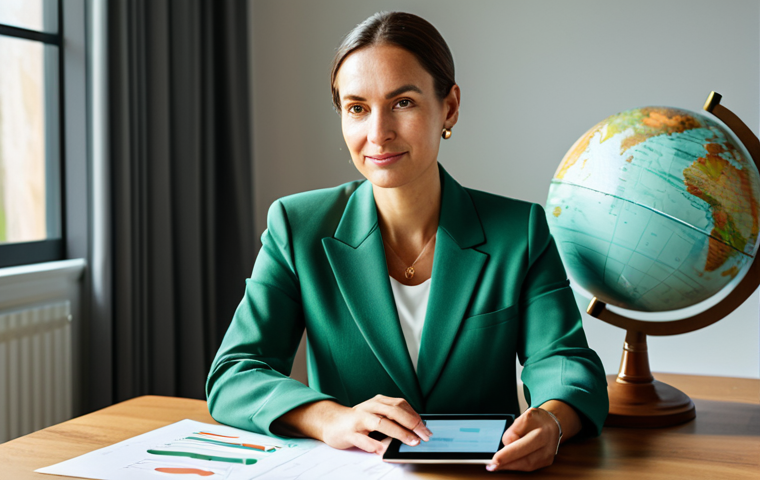 A thoughtful adult woman, dressed in a modest professional blazer and blouse, sitting comfortably at a sleek wooden desk in a modern, sunlit home office. She holds a tablet showing abstract financial charts with subtle green elements, symbolizing growth and sustainability. Her expression is calm and confident, reflecting financial peace and alignment with personal values. The background includes a large, healthy potted plant and a small, tasteful globe. The scene conveys a sense of purpose and control over one's financial future. Professional photography, perfect anatomy, correct proportions, natural pose, well-formed hands, proper finger count, natural body proportions, fully clothed, appropriate attire, modest clothing, safe for work, appropriate content, professional.