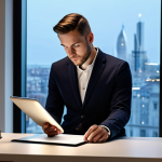 A professional individual, gender-neutral, in modest business casual attire, fully clothed, sits thoughtfully at a sleek desk in a serene, modern home study. They are looking at a tablet, which subtly displays a glowing, abstract compass design. Soft, ambient lighting fills the room, with a large window in the background offering a clear, aspirational view of a peaceful cityscape. The image captures a moment of deep financial introspection and value-driven planning. Perfect anatomy, correct proportions, natural pose, well-formed hands, proper finger count, natural body proportions, professional photography, high quality, safe for work, appropriate content, fully clothed, family-friendly.