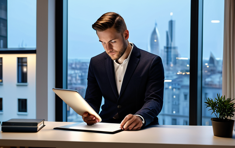 A professional individual, gender-neutral, in modest business casual attire, fully clothed, sits thoughtfully at a sleek desk in a serene, modern home study. They are looking at a tablet, which subtly displays a glowing, abstract compass design. Soft, ambient lighting fills the room, with a large window in the background offering a clear, aspirational view of a peaceful cityscape. The image captures a moment of deep financial introspection and value-driven planning. Perfect anatomy, correct proportions, natural pose, well-formed hands, proper finger count, natural body proportions, professional photography, high quality, safe for work, appropriate content, fully clothed, family-friendly.